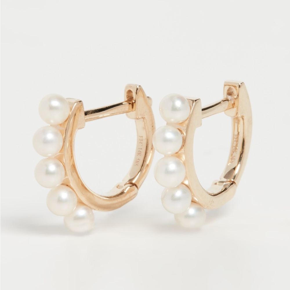 EF Collection Yellow Gold and Pearl Mini Hoops